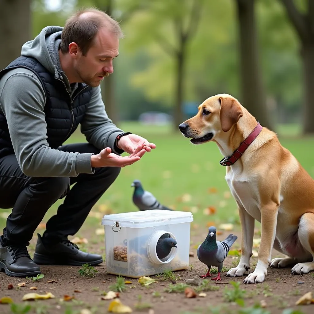 A dog trainer uses a safe live trap to catch pigeons for training purposes