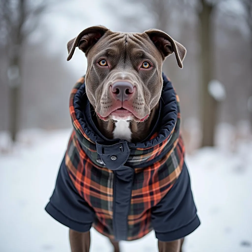 Pitbull dog wearing a warm winter coat