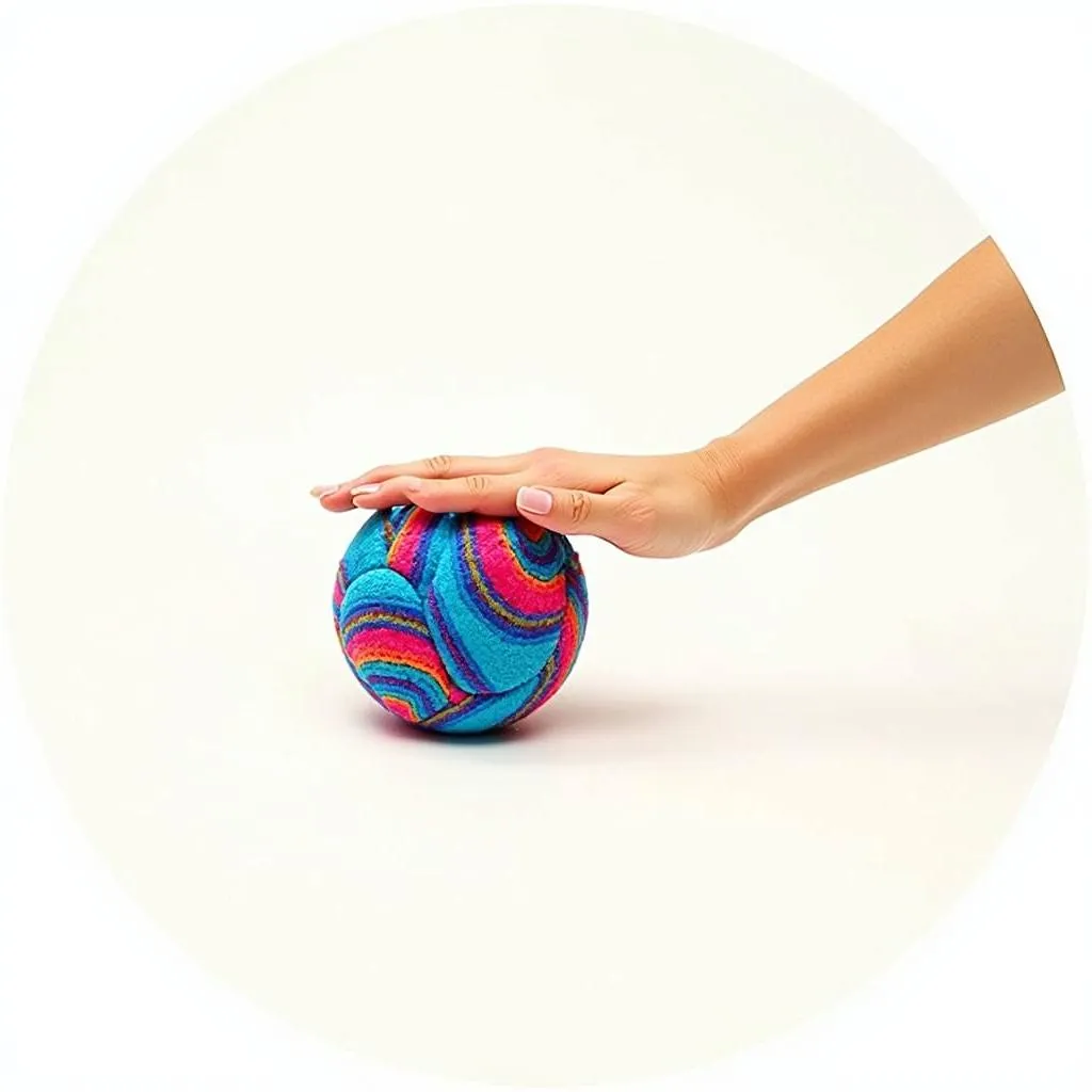 A close-up shot of a plush dog ball in bright colors with squeaky sounds, perfect for playful pups.