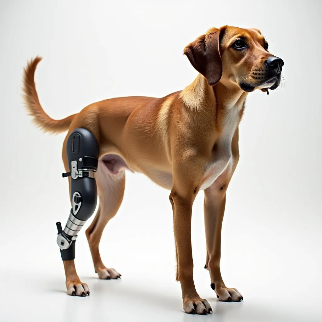 A custom-made prosthetic leg for a dog with a missing limb.