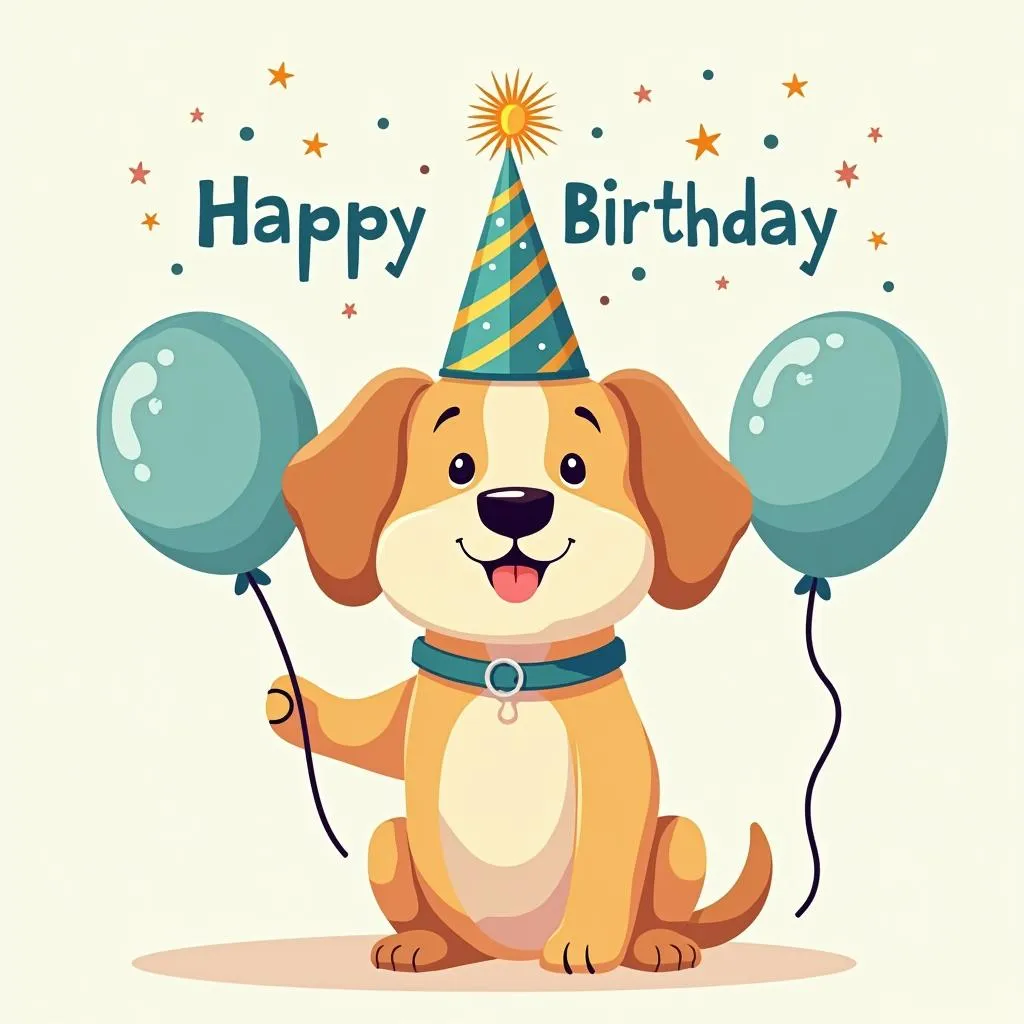 Cute Puppy Birthday Card with Birthday Hat and Balloon