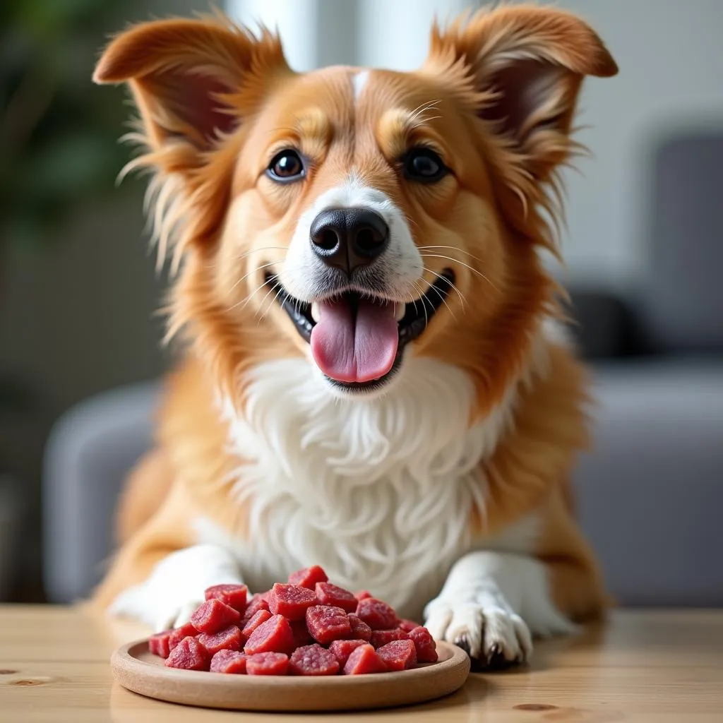 Healthy dog eating raw food