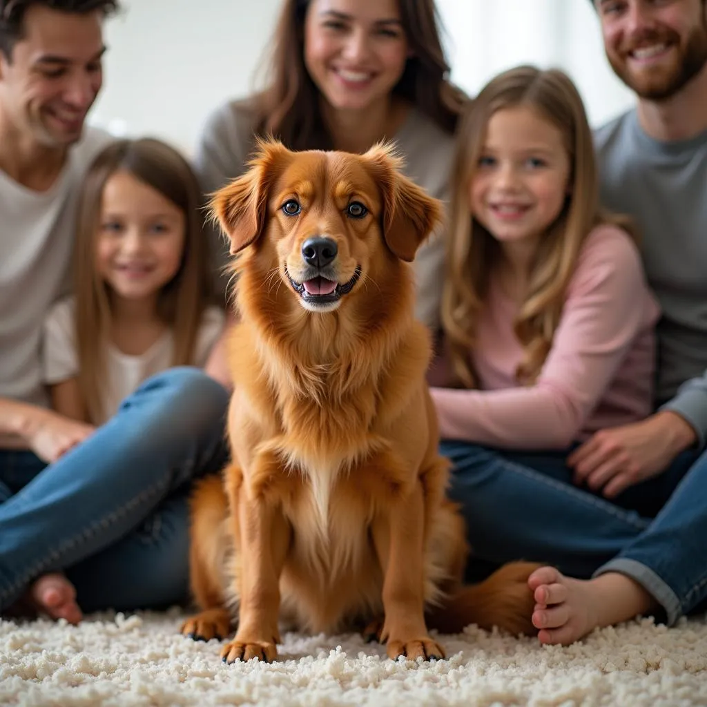 Red Chinese dog posing for a family portrait