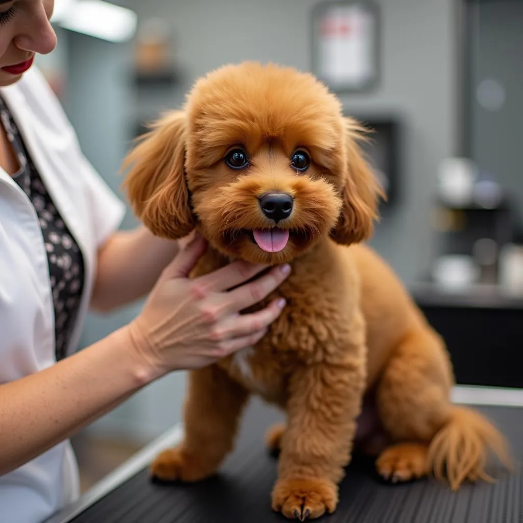 Red Chinese dog getting groomed at a professional salon