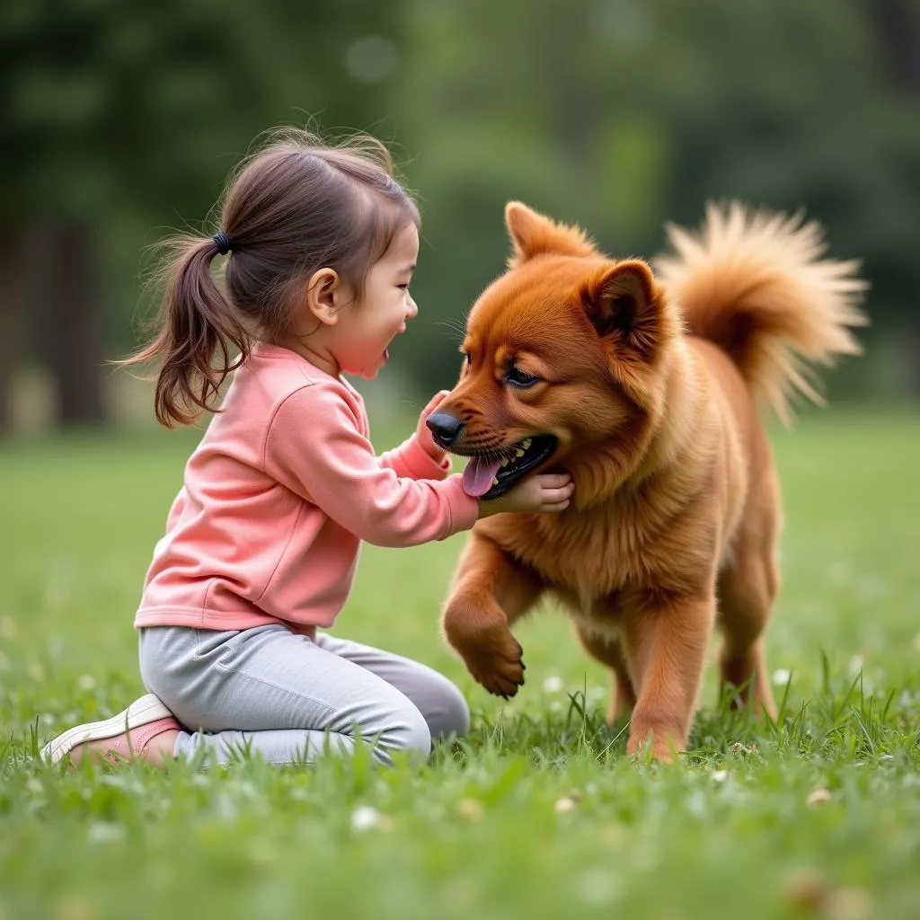 Red Chinese dog playing with a child