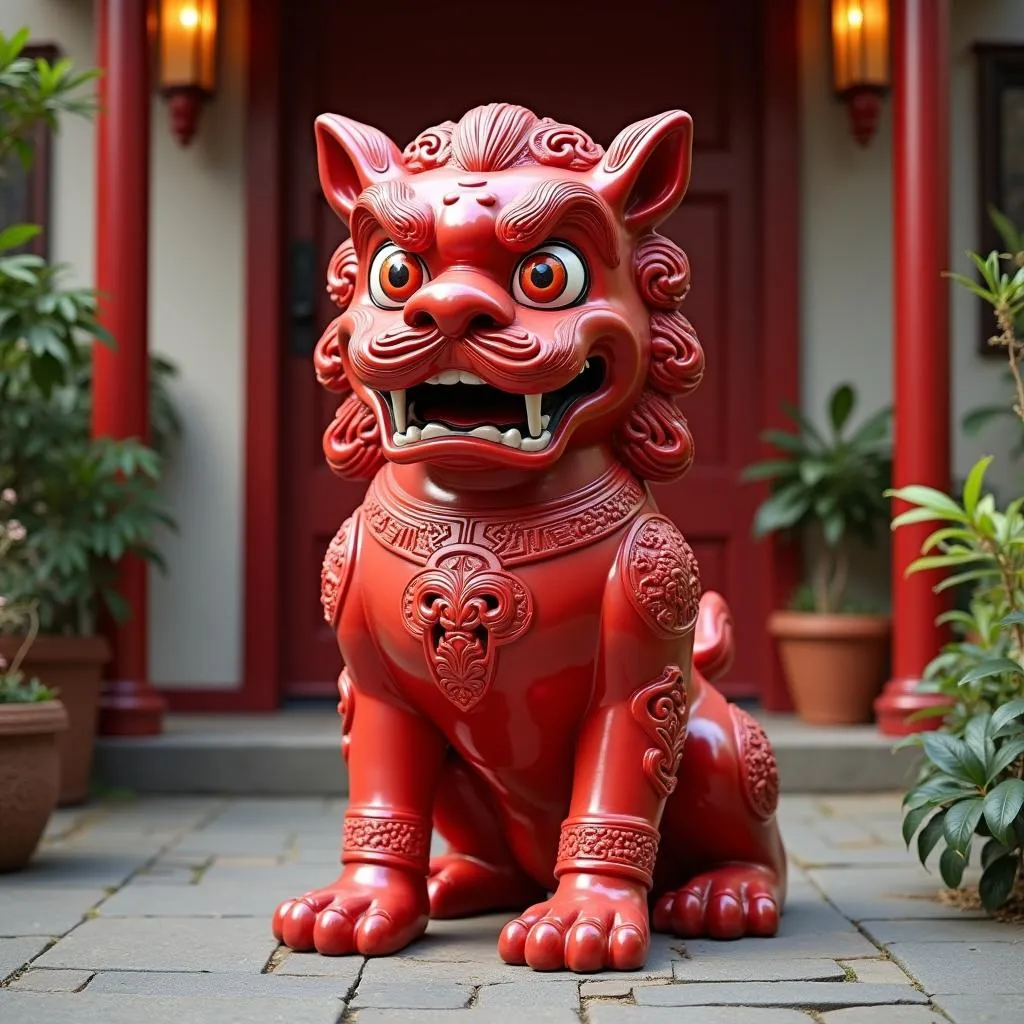 Red Foo Dog Statue Protecting a Home