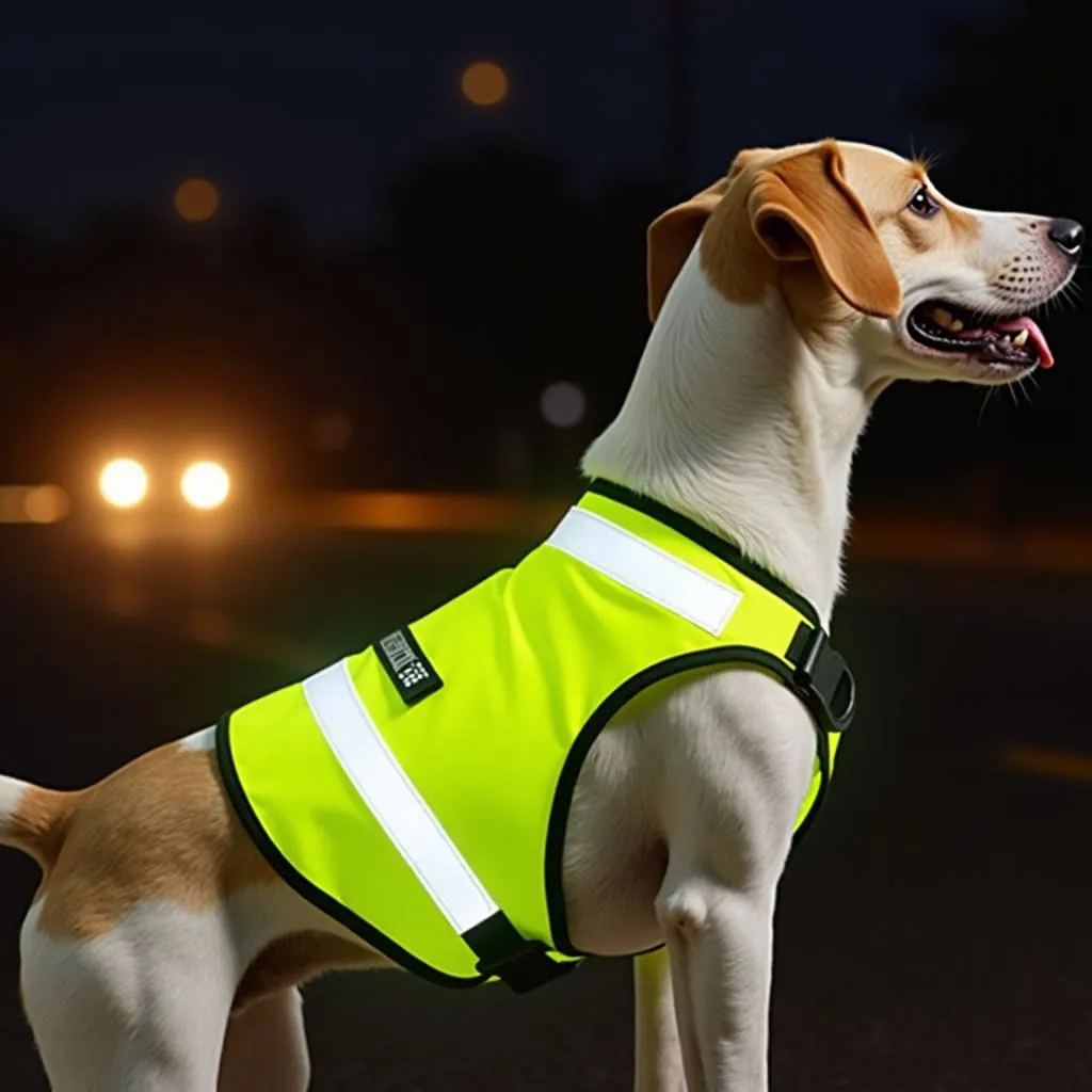 dog wearing reflective vest on a walk at night