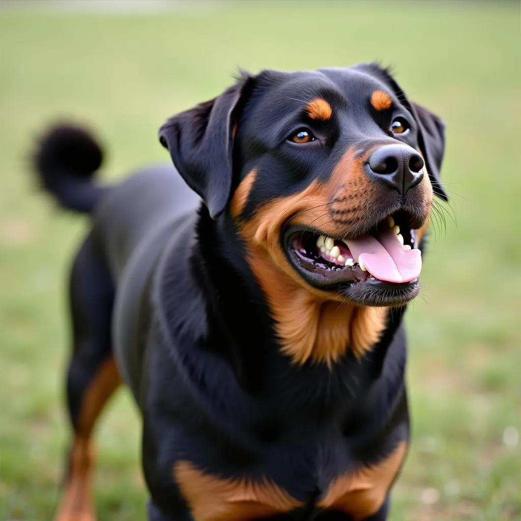 Rottweiler dog tail wagging, happy and relaxed