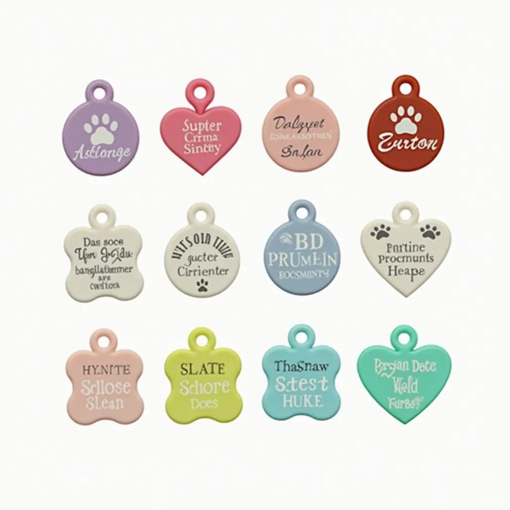 A variety of silicone dog ID tags with different colors, designs, and engravings