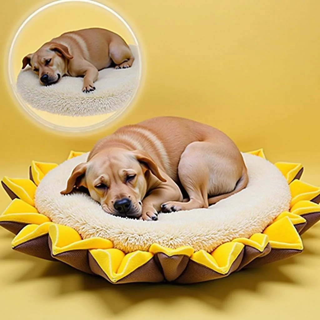 A dog relaxing on a sunflower dog bed