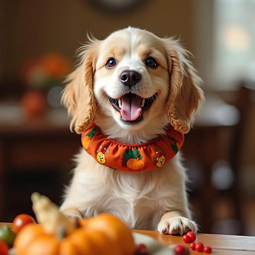 Dog Wearing a Thanksgiving Collar at the Feast