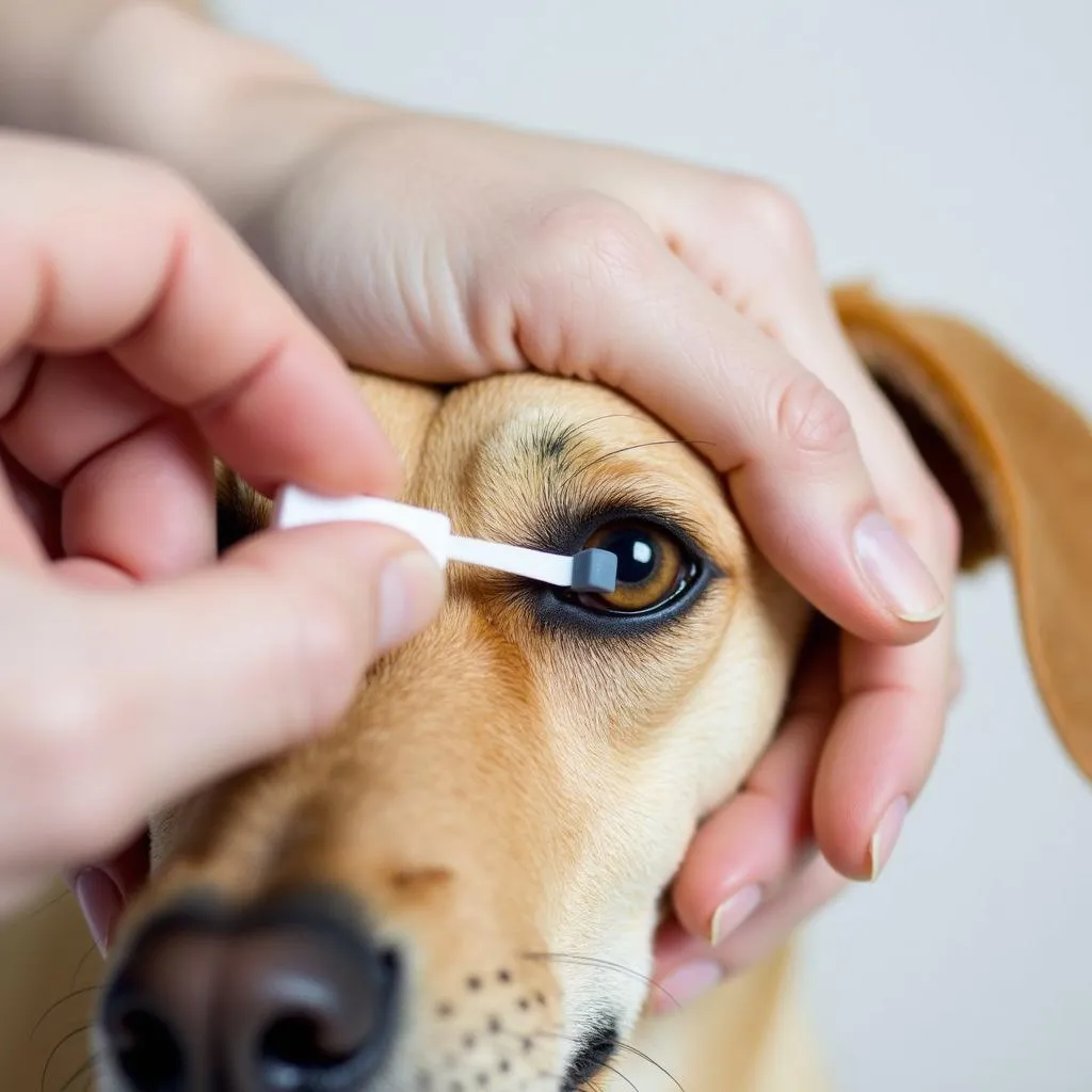 Applying triple antibiotic ophthalmic ointment to a dog