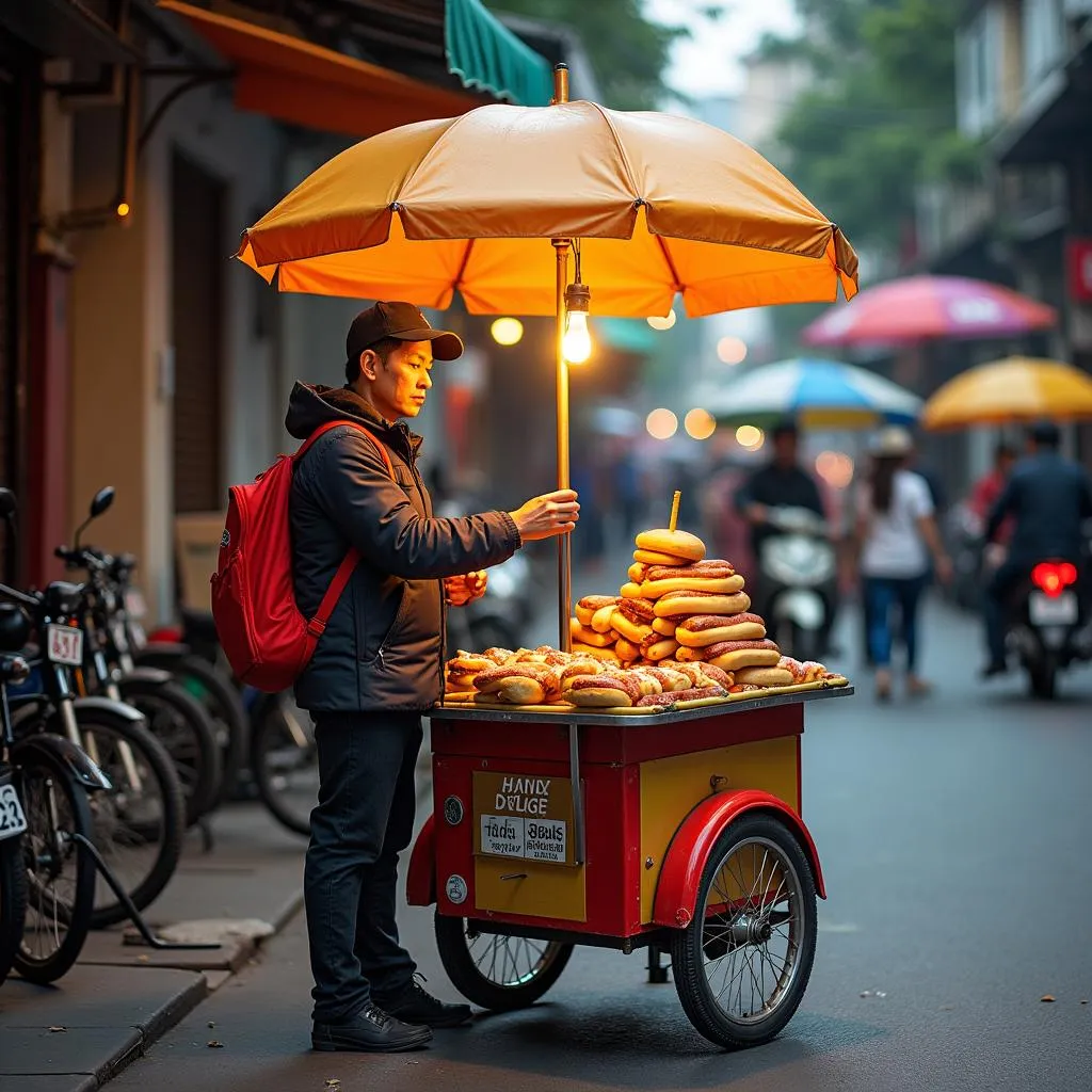 Vendor selling umbrella hot dog carts in Hanoi