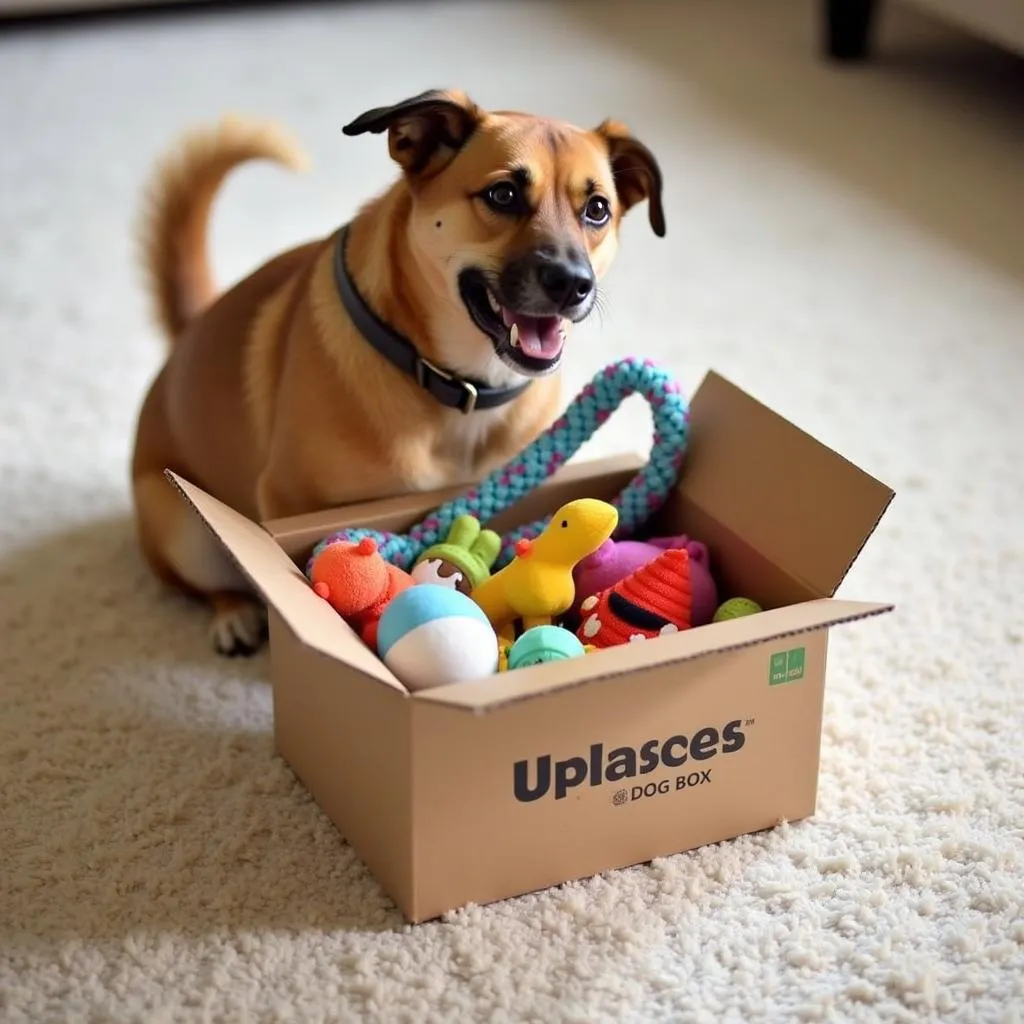 A happy dog enjoying an Uplander Dog Box