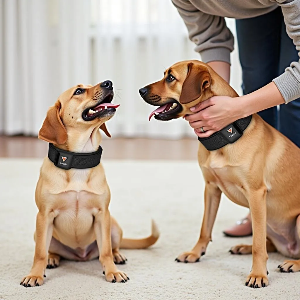 A dog wearing a VL dog collar during a training session with its owner