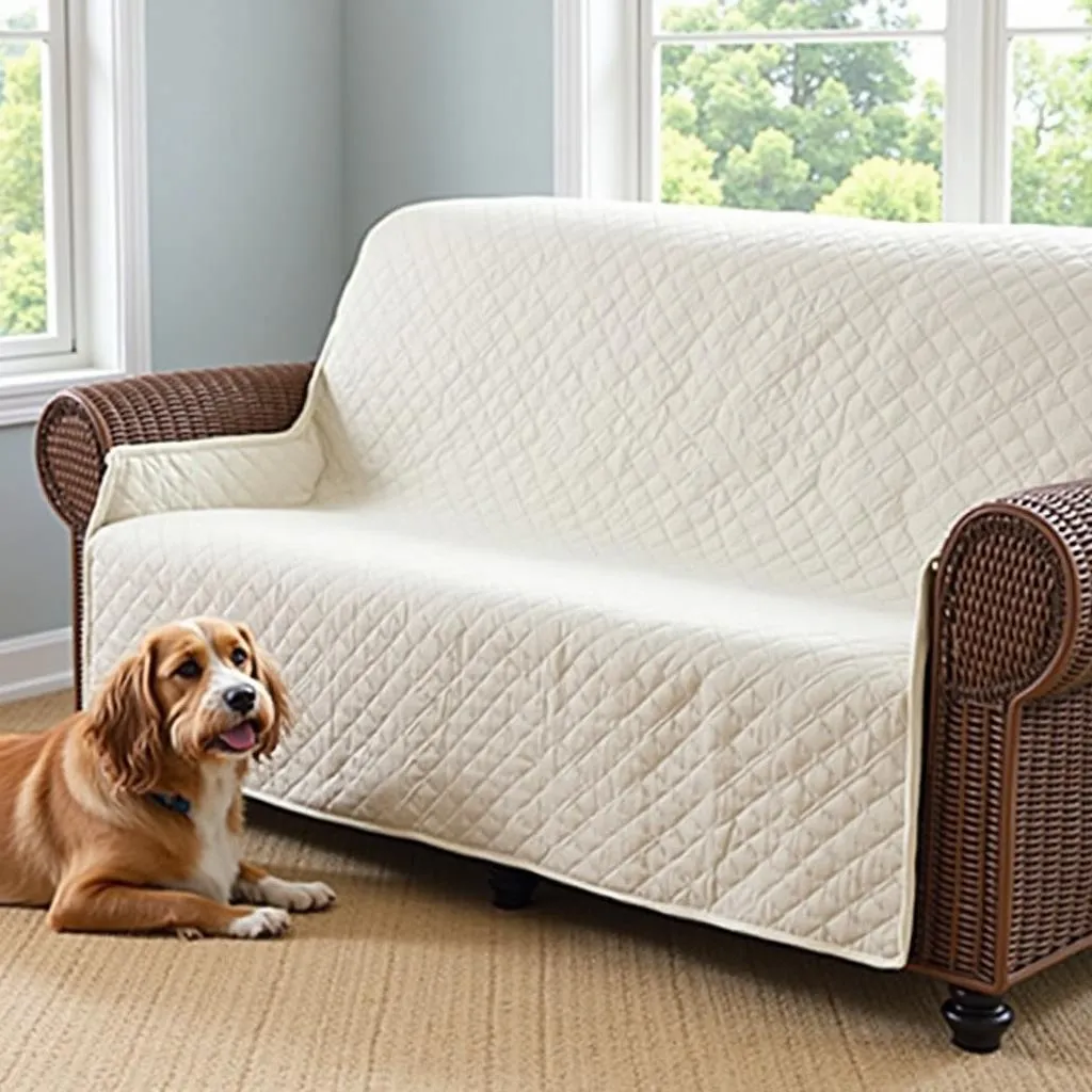 A dog owner using a waterproof loveseat dog cover to protect their loveseat from spills and accidents