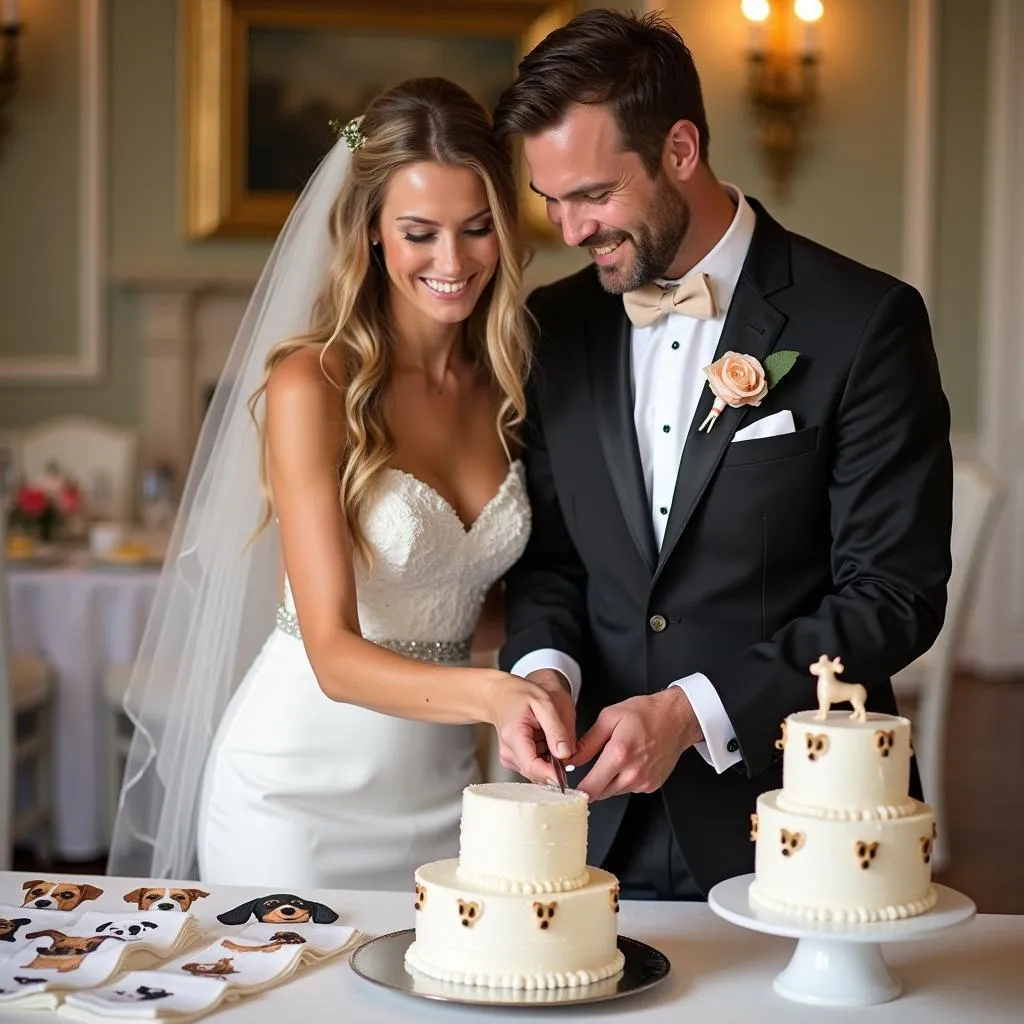 Couple celebrating their wedding with dog-themed napkins