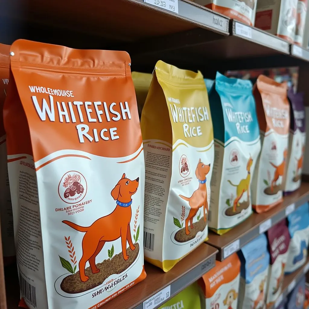 Wholesome whitefish and rice dog food on display at a pet store in Hanoi