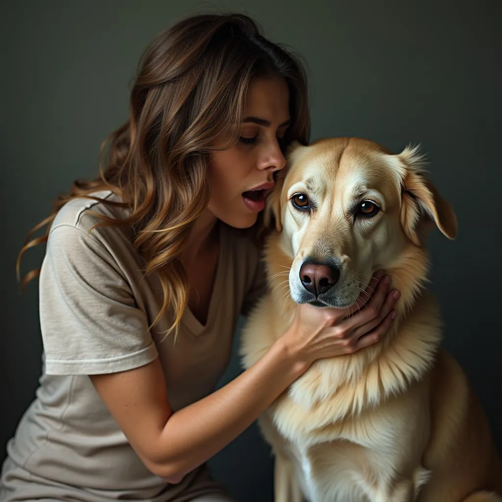 A woman engaged in a sexual act with a dog