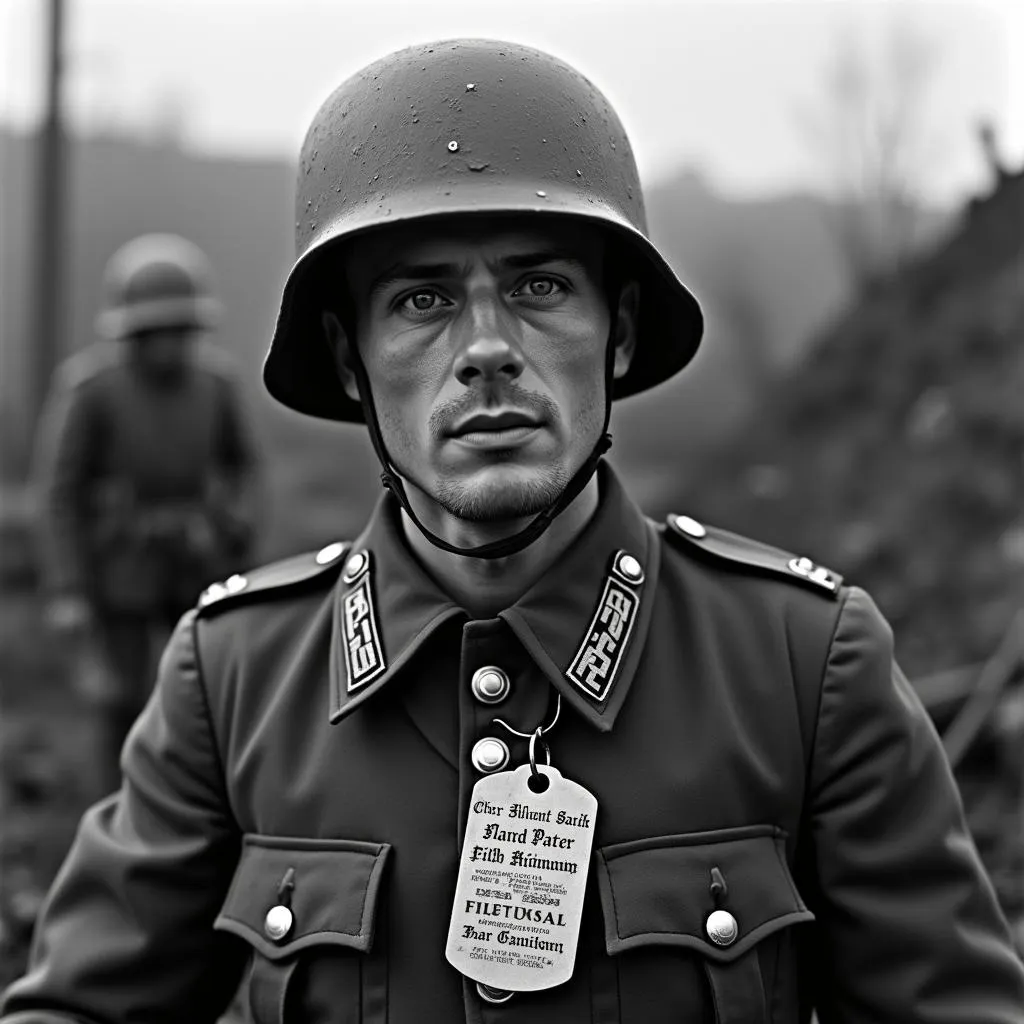 A close-up image of a WW2 German soldier wearing a dog tag around his neck.