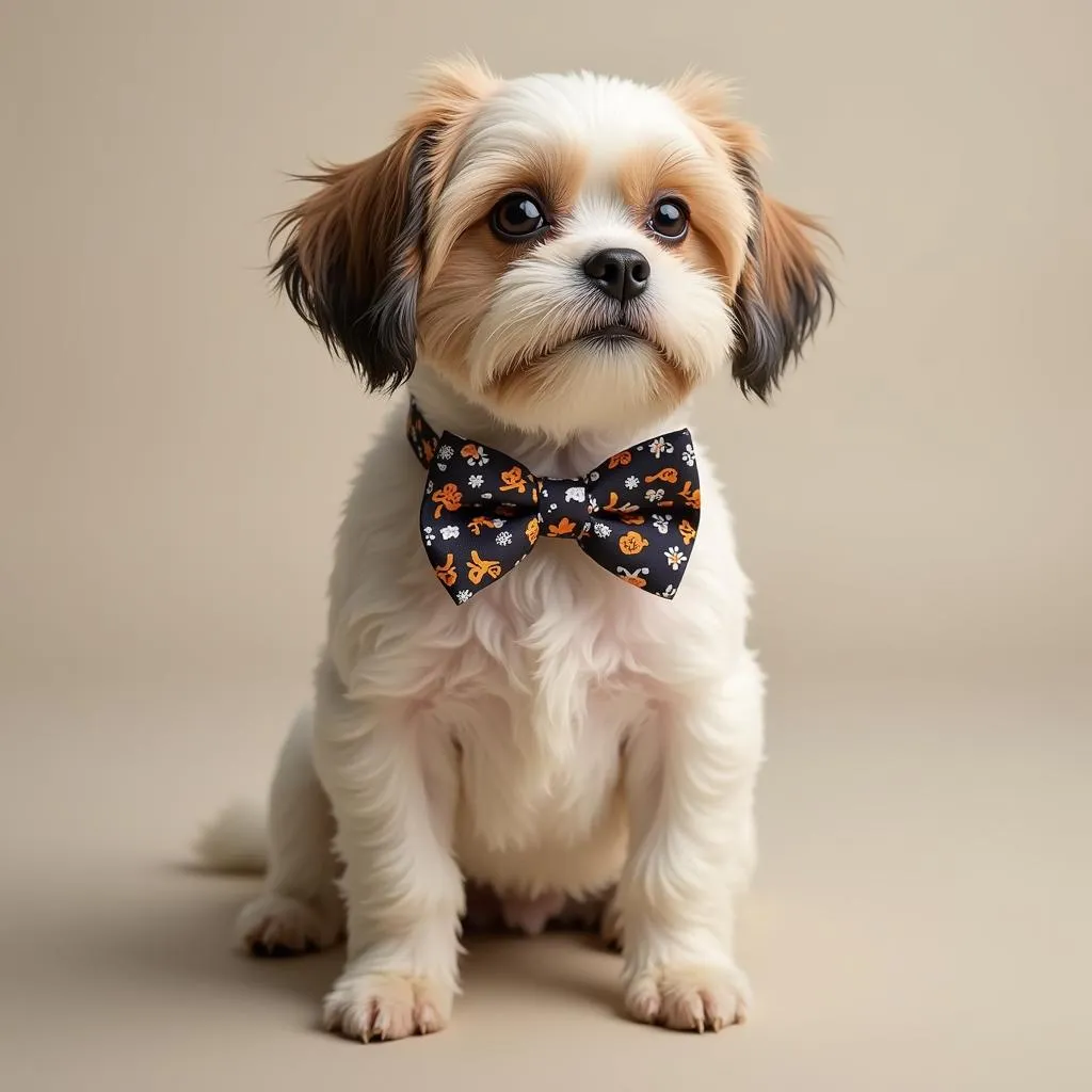 A dog sporting a cute bowtie with a stylish print