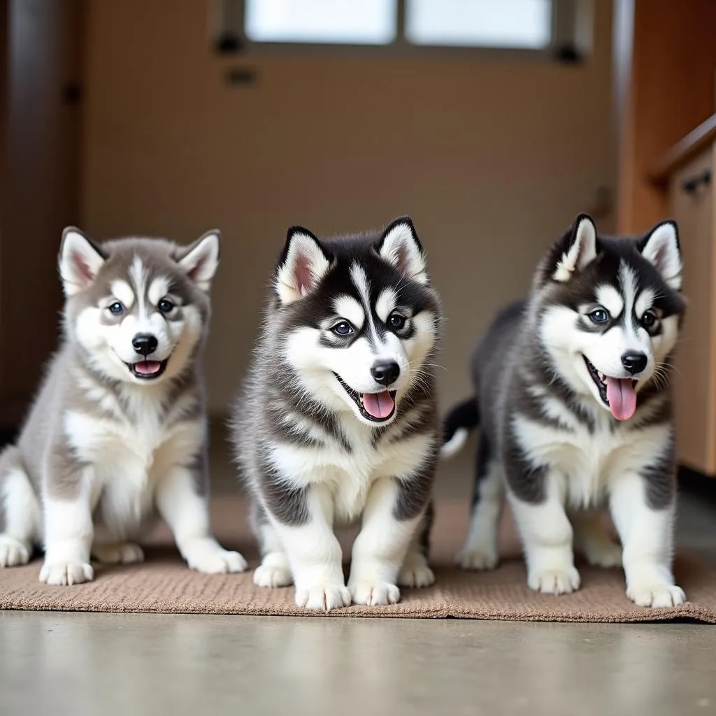 Alaskan Malamute puppies playing in a spacious and clean kennel