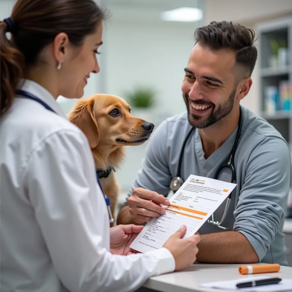 Dog Owner at Vet Office with Prescription