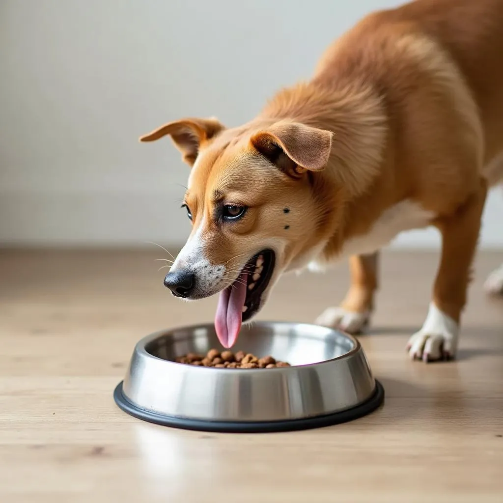 Dog eating from an aluminium dog bowl