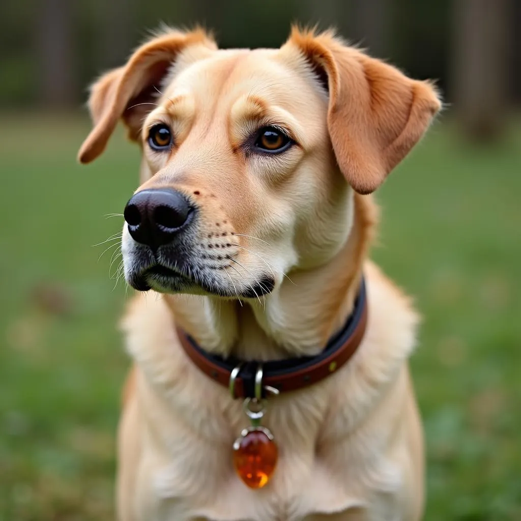 A dog wearing an amber collar