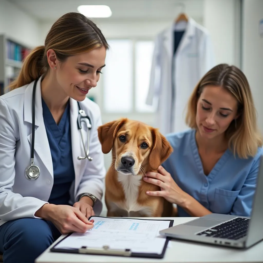 Veterinarian and dog owner discussing check-up results