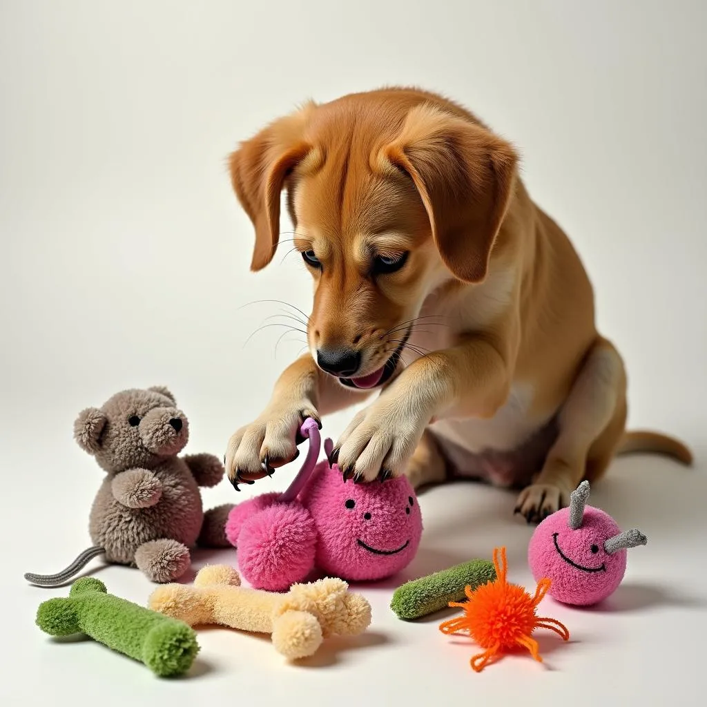 Dog playing with toys creatively