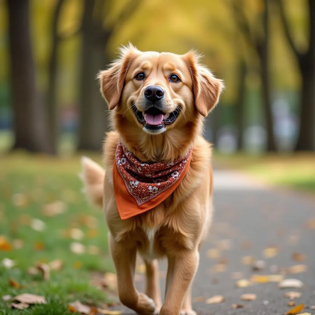 Dog walking with an auburn bandana