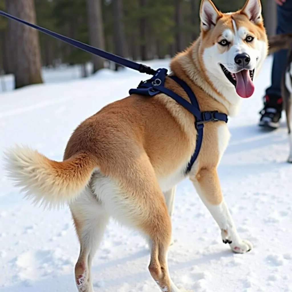 Dog mushing harness with back strap