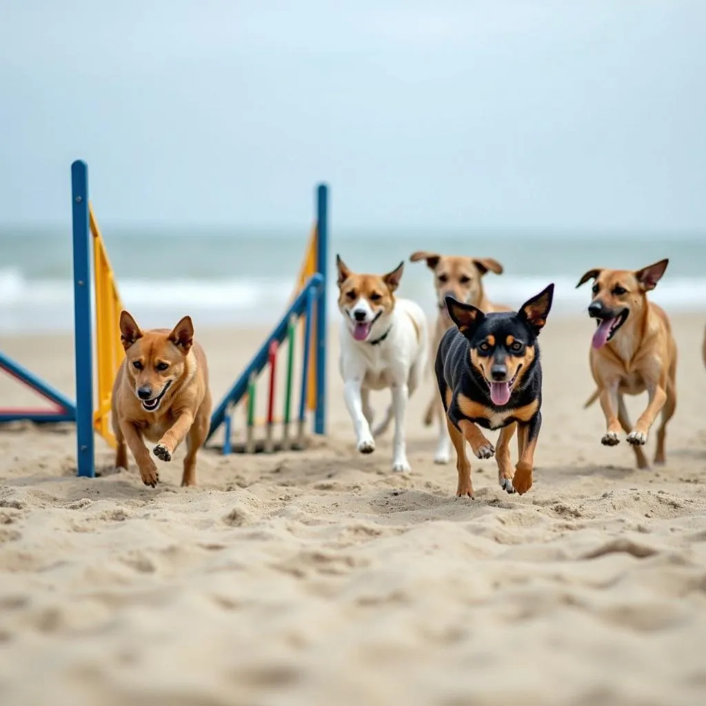 Beach Dog Academy training session: A group of dogs learning agility exercises at the beach.