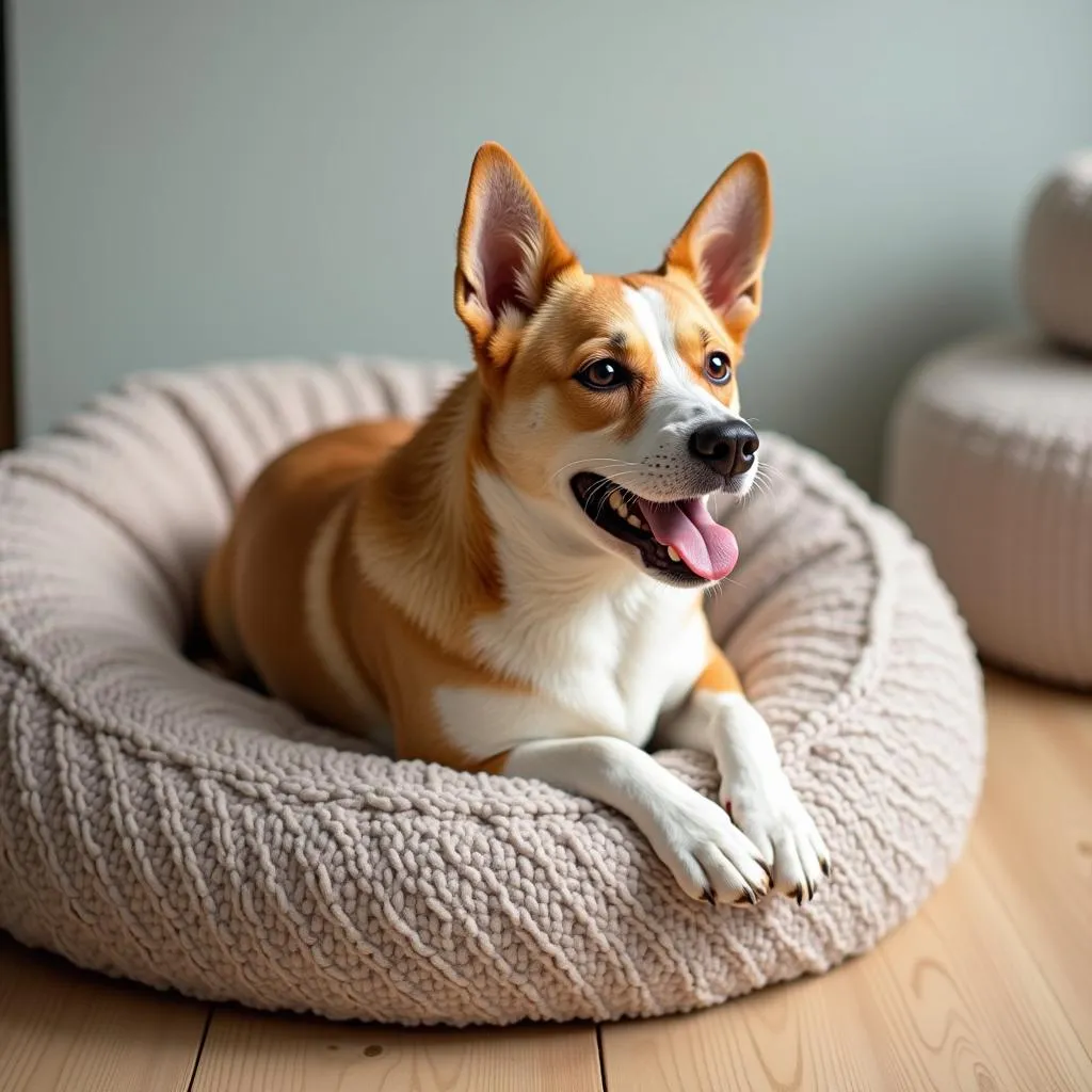 A dog happily napping in a beanbag dog bed, showcasing the joy and comfort it brings