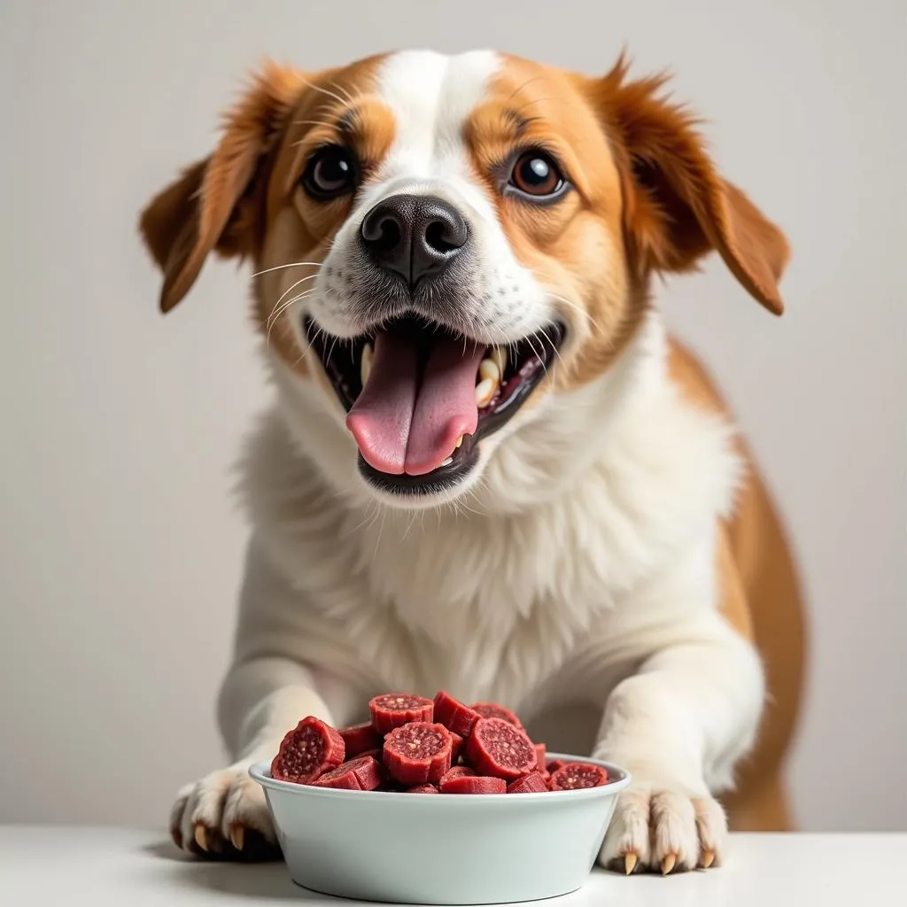 Beef knee caps for dogs: Dog eating supplement from bowl