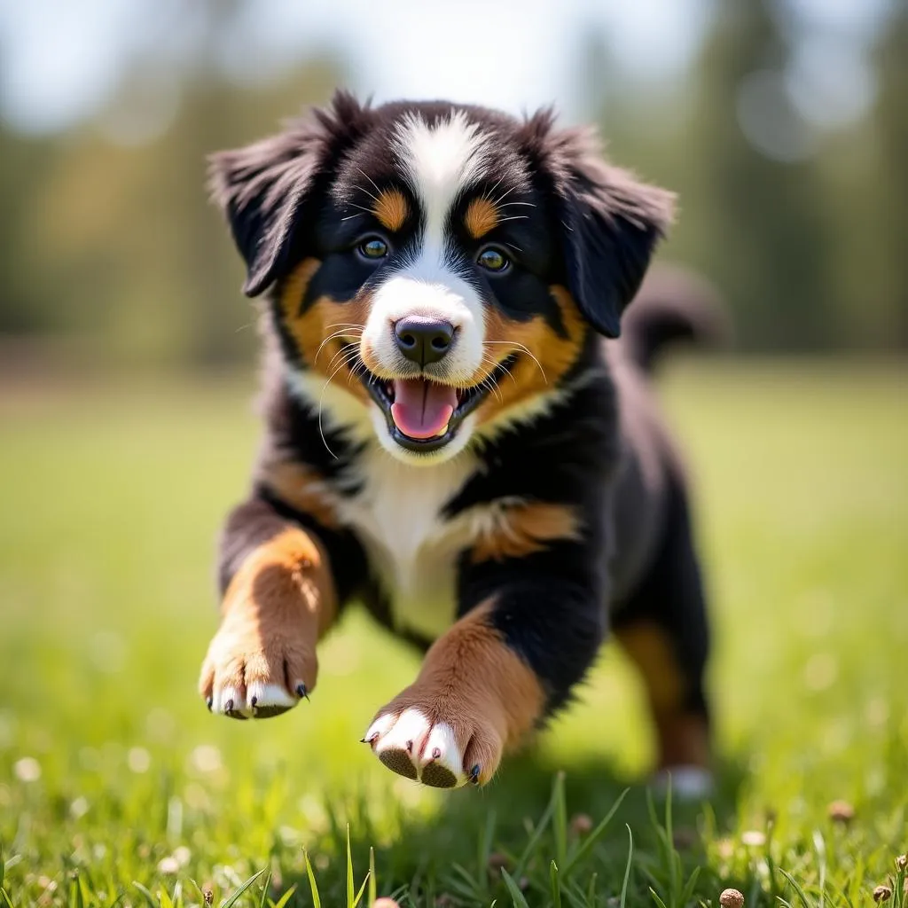 Bernese Mountain Dog puppy playing in a field