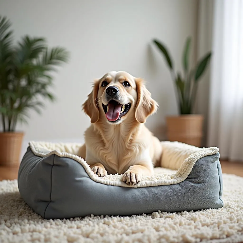 A customer reviewing a shredded memory foam dog bed with a happy expression and their dog sleeping peacefully