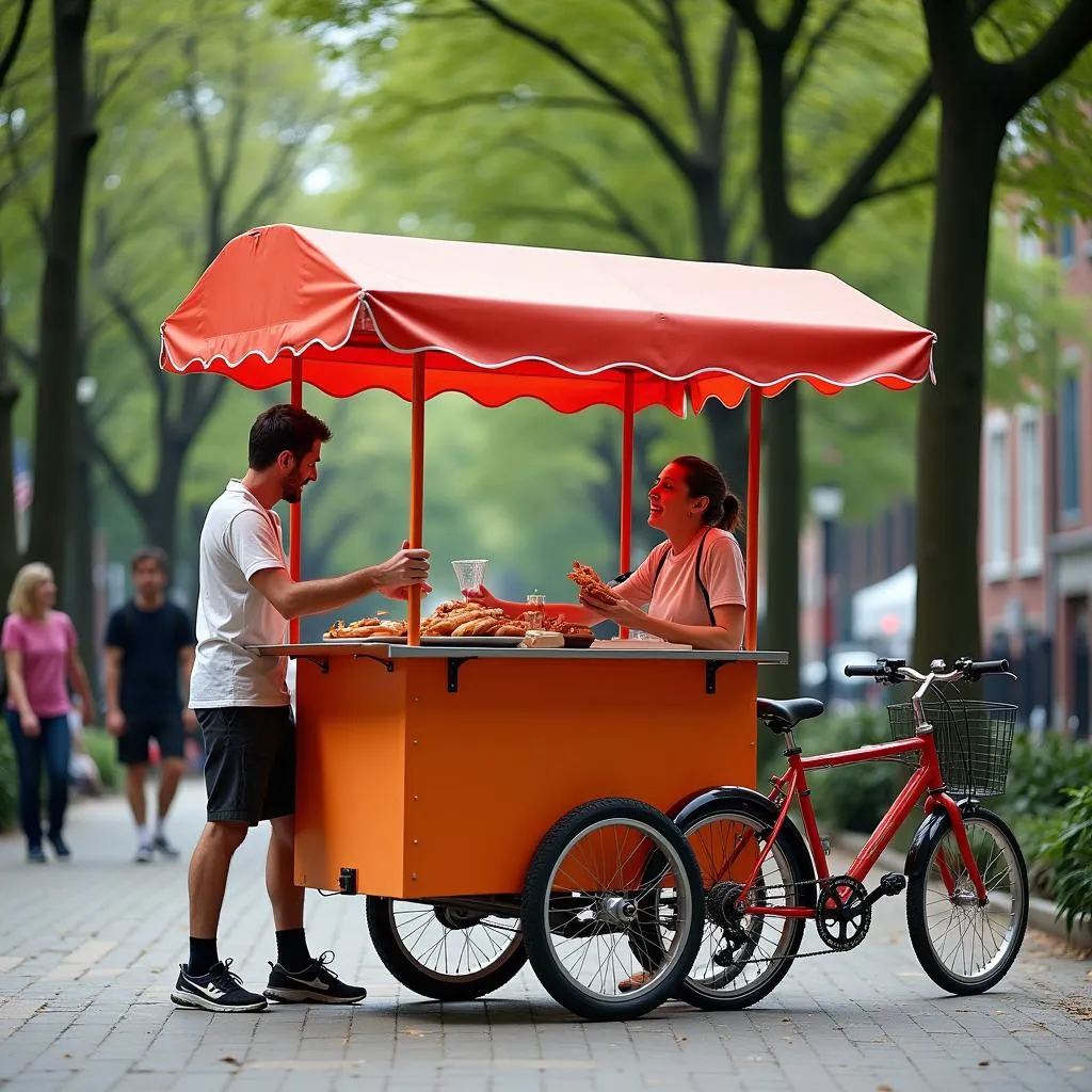 A bicycle hot dog cart owner sets up shop in a bustling city park