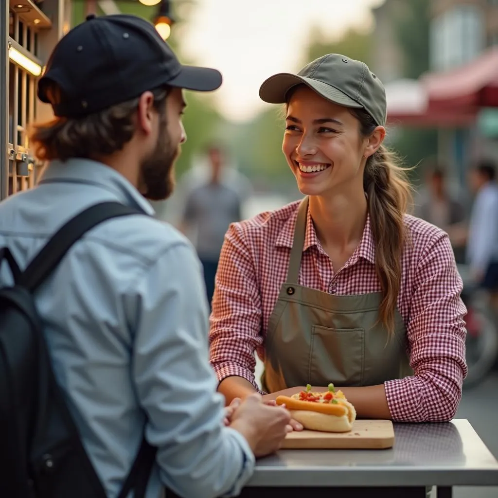 A friendly bicycle hot dog cart owner interacts with a customer