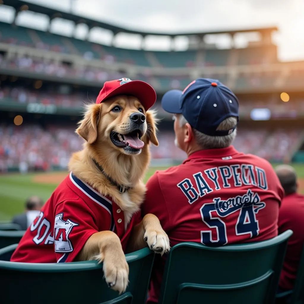 Big dog cheering for a baseball team at a game