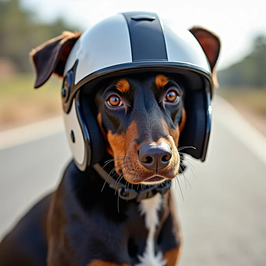 Dog wearing a big dog motorcycle helmet