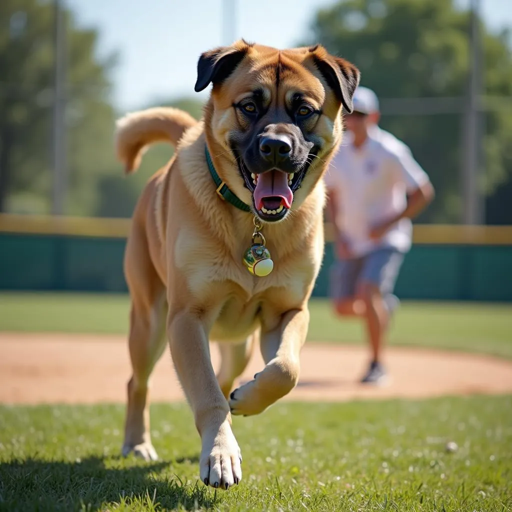 Big dog having fun in a baseball park