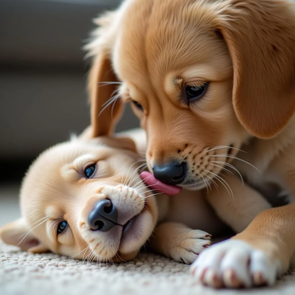 Big Sister Dog Nurturing a Puppy