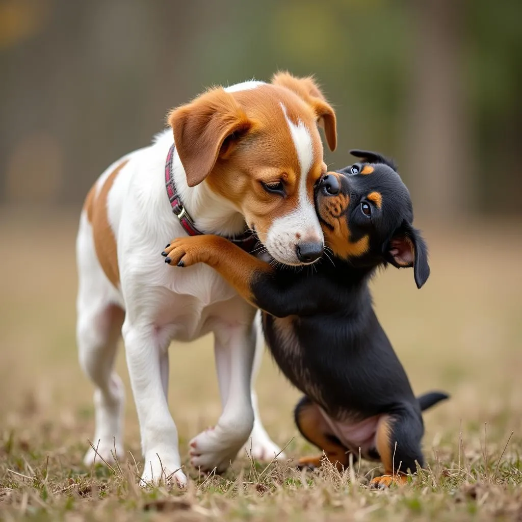 Big Sister Dog Playing With Puppy