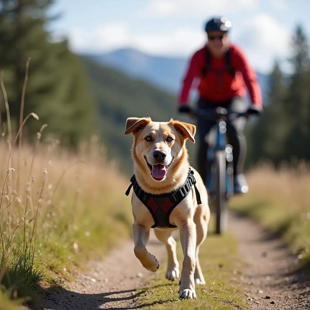 Dog running on a trail during bikejoring with a bike