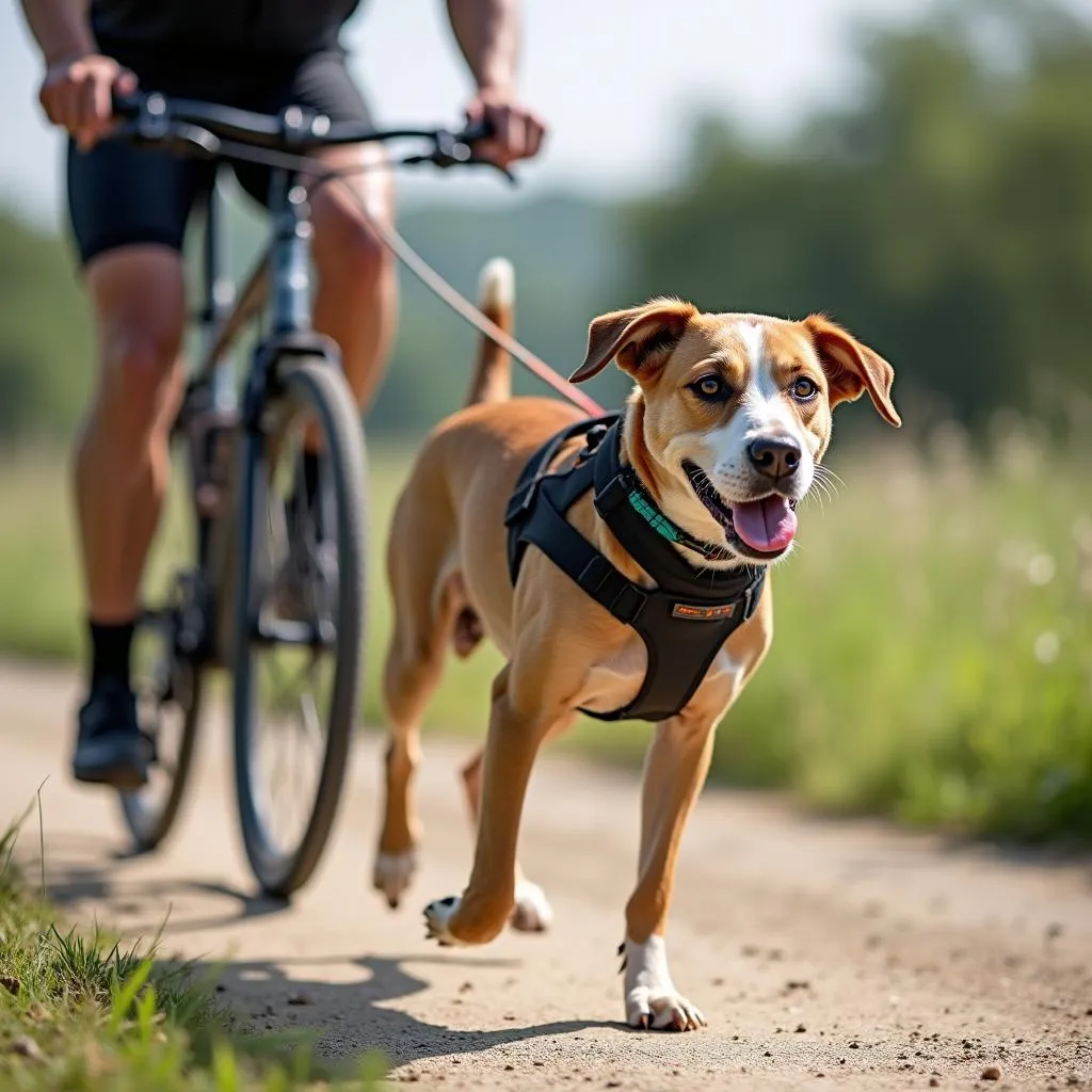 Bikejoring harness on a dog running with a bike