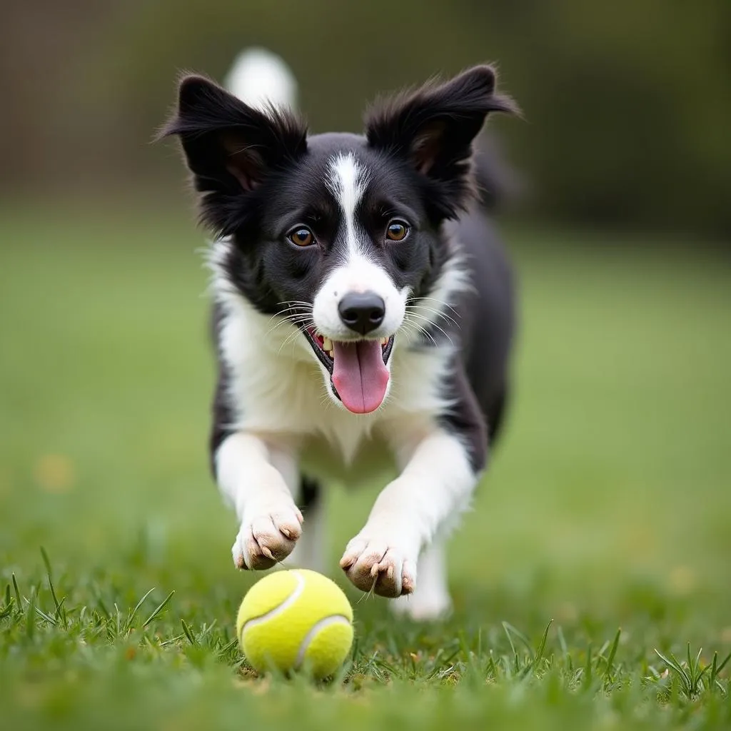 A black and white dog named Whiskey playing fetch with a tennis ball