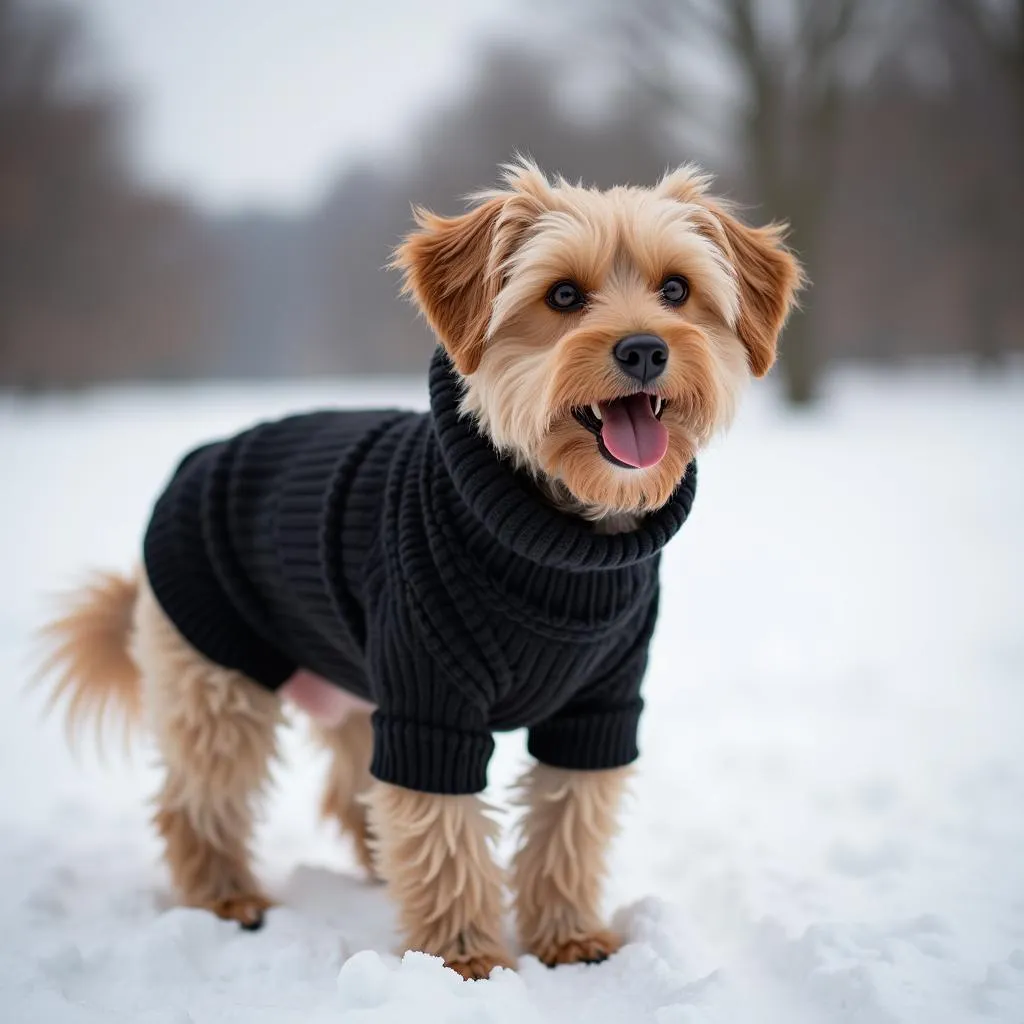 Black sweater for dogs on a cold winter day