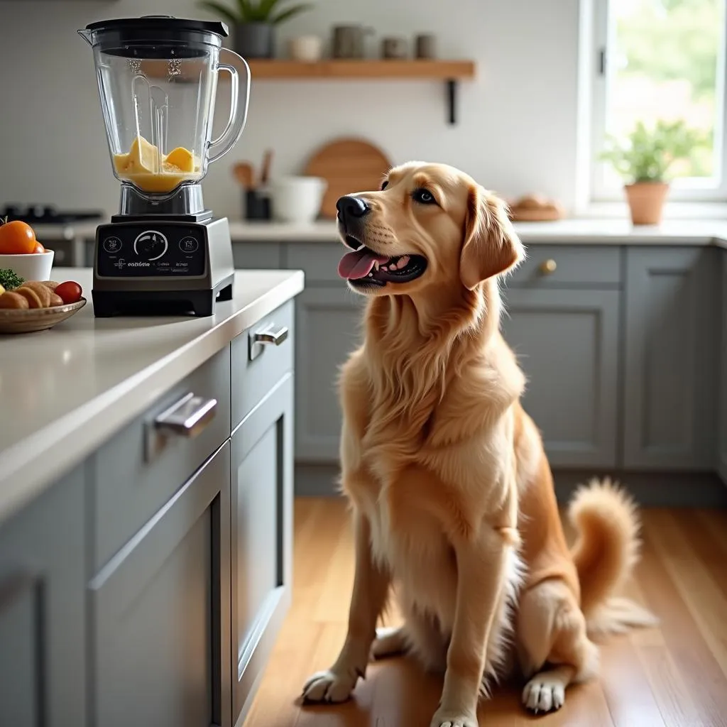 A blender dog helping out in the kitchen